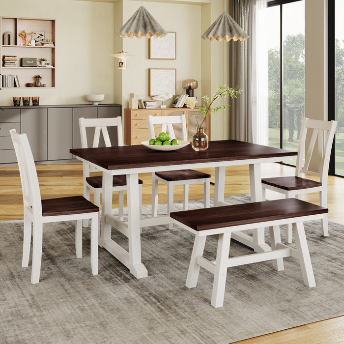 TOPMAX 6-Piece Wood Dining Table Set Kitchen Table Set with Long Bench and 4 Dining Chairs, Farmhouse Style, Walnut+White