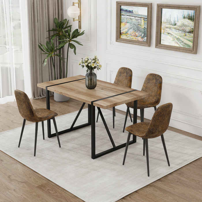 MDF Wood Colour Dining Table and Modern Dining Chairs Set of 4, Mid Century Wooden Kitchen Table Set, Metal Base & Legs, Dining Room Table and Suede Chairs