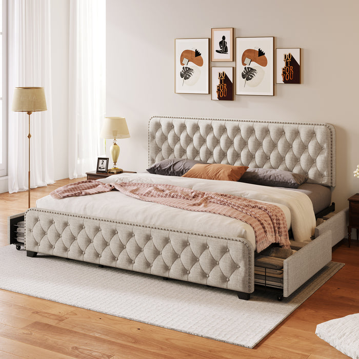 Upholstered Platform Bed Frame with Four Drawers, Button Tufted Headboard and Footboard Sturdy Metal Support, No Box Spring Required, Beige, King