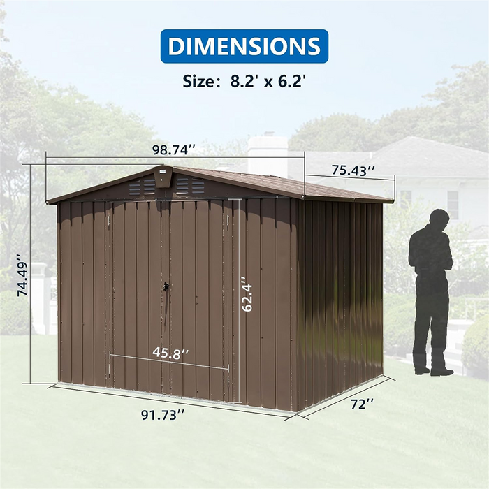 Outdoor Storage Shed 8.2' x 6.2', Metal Steel Utility Tool Shed Storage House with Double Lockable Doors & Air Vents for Backyard Patio Garden Lawn Brown