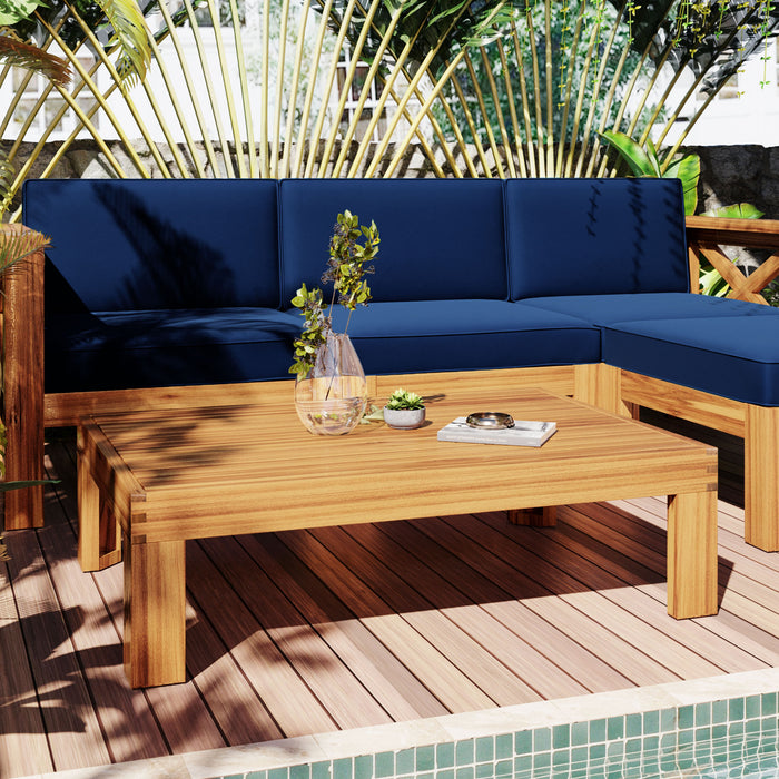 TOPMAX Outdoor Backyard Patio Wood 5-Piece Sectional Sofa Seating Group Set with Cushions, Natural Finish+ Blue Cushions