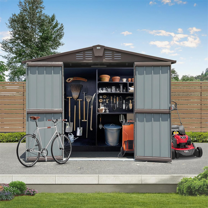 Outdoor Storage Shed 8.2' x 6.2', Metal Steel Utility Tool Shed Storage House with Double Lockable Doors & Air Vents for Backyard Patio Garden Lawn Brown