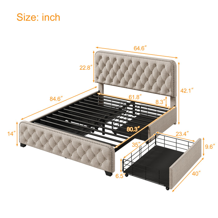 Upholstered Platform Bed Frame with Four Drawers, Button Tufted Headboard and Footboard Sturdy Metal Support, No Box Spring Required, Beige, Queen (Old sku:BS300279AAA)