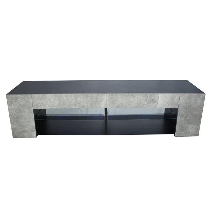 TV Stand for 32-60 Inch TVs Modern Low Profile Black+Stone Grey Entertainment Center with LED Lights 57 Inch Small TV Console Media Table with Glass Shelves and Hidden Side Bookshelf for Living Room